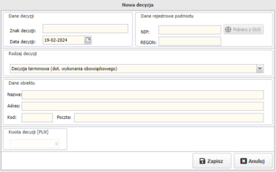 Podgląd okienka nowej decyzji w programie Podgląd okienka nowej decyzji w programie