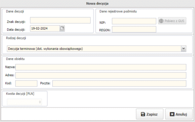Podgląd okienka nowej decyzji w programie Podgląd okienka nowej decyzji w programie